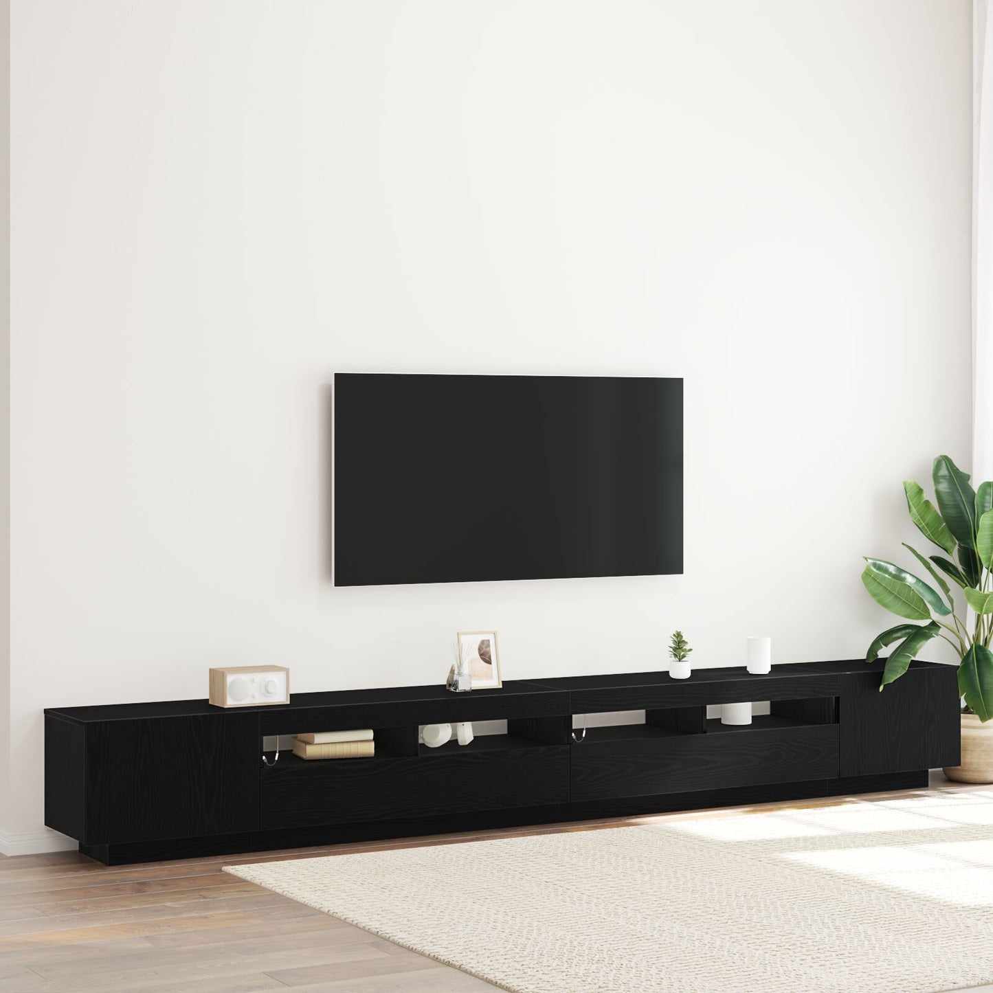TV-Schrank mit LED-Lichtern in Schwarz und Eiche, 300x35x40 cm, Holzwerkstoff