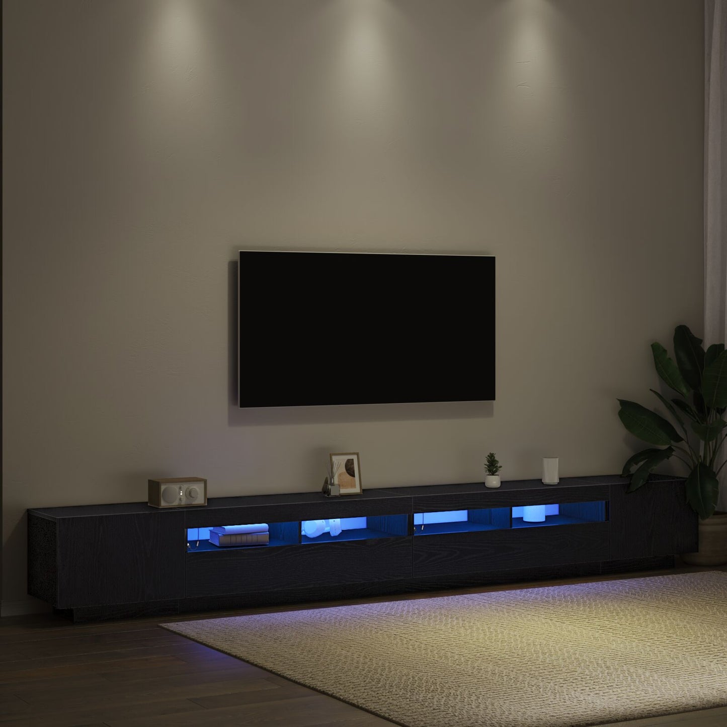TV-Schrank mit LED-Lichtern in Schwarz und Eiche, 300x35x40 cm, Holzwerkstoff